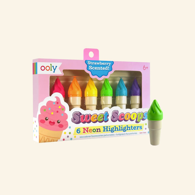 OOLY Sweet Scoops Neon Highlighters - Strawberry Scented set shown with the box and one green ice cream-shaped highlighter standing beside it, highlighting the playful mini design.
