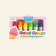 Front view of the OOLY Sweet Scoops Neon Highlighters - Strawberry Scented set in pink packaging, showing six mini ice cream-shaped highlighters in bright neon colors.