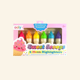 Front view of the OOLY Sweet Scoops Neon Highlighters - Strawberry Scented set in pink packaging, showing six mini ice cream-shaped highlighters in bright neon colors.