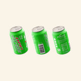 Three green Pop-Up Soda Can Lights shown closed in compact soda-can form with printed novelty can graphics.