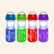 Four Pop-Up Soda Can Lights in blue, green, red, and purple, each expanded into a small lantern with clear light chamber, black hanging handle, and soda-can-style base.