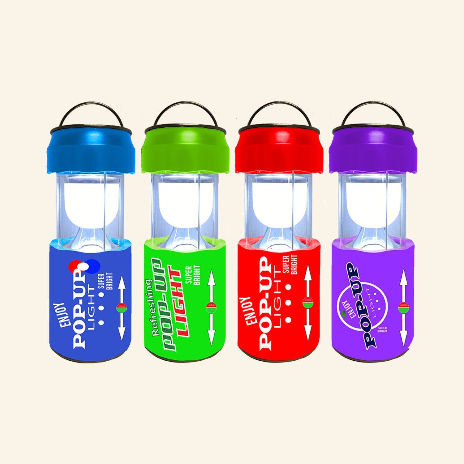 Four Pop-Up Soda Can Lights in blue, green, red, and purple, each expanded into a small lantern with clear light chamber, black hanging handle, and soda-can-style base.