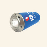 Blue Pop-Up Soda Can Light used as a handheld flashlight, showing the silver LED light end shining a bright beam.