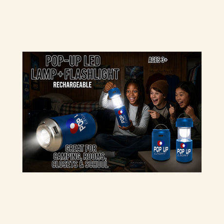 Promotional image for the Pop-Up LED Lamp and Flashlight showing kids using the light indoors, plus blue and red soda-can lights in both closed and expanded lantern positions.