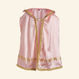 Queen Rosa Cape shown in rose-pink satin with gold trim, decorative gold scrollwork, sparkling stone accents, and a heart-shaped jewel at the neckline.