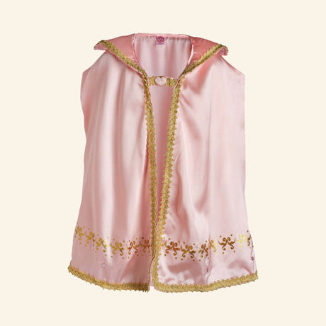 Queen Rosa Cape shown in rose-pink satin with gold trim, decorative gold scrollwork, sparkling stone accents, and a heart-shaped jewel at the neckline.