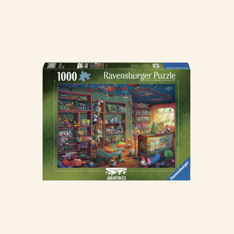 Ravensburger Tattered Toy Store 1000 Piece Puzzle box showing a nostalgic abandoned toy shop scene filled with shelves, toys, games, stuffed animals, and colorful details.