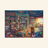 Completed Ravensburger Tattered Toy Store 1000 Piece Puzzle image showing a richly detailed toy store interior with vintage toys, stuffed animals, shelves, games, and warm nostalgic lighting.