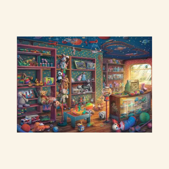 Completed Ravensburger Tattered Toy Store 1000 Piece Puzzle image showing a richly detailed toy store interior with vintage toys, stuffed animals, shelves, games, and warm nostalgic lighting.