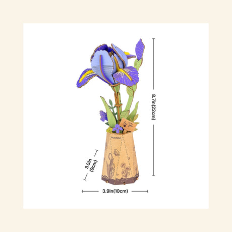Robotime Rowood Purple Iris DIY Wooden Flower shown with measurement lines indicating the completed flower height, vase height, and display width.