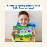 Child holding a completed Skillmatics Foil Fun – Bugs & Butterflies picture filled with colorful foil insects, flowers, mushrooms, and garden decorations.