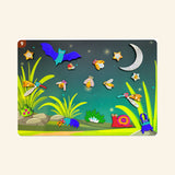 Finished Skillmatics Foil Fun bug and butterfly scene with sparkly foil insects, flowers, mushrooms, stars, a moon, and garden details on a dark nighttime background.