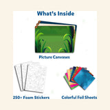 Skillmatics Foil Fun – Bugs & Butterflies contents graphic showing picture canvases, more than 250 foam stickers, and colorful foil sheets included in the kit.