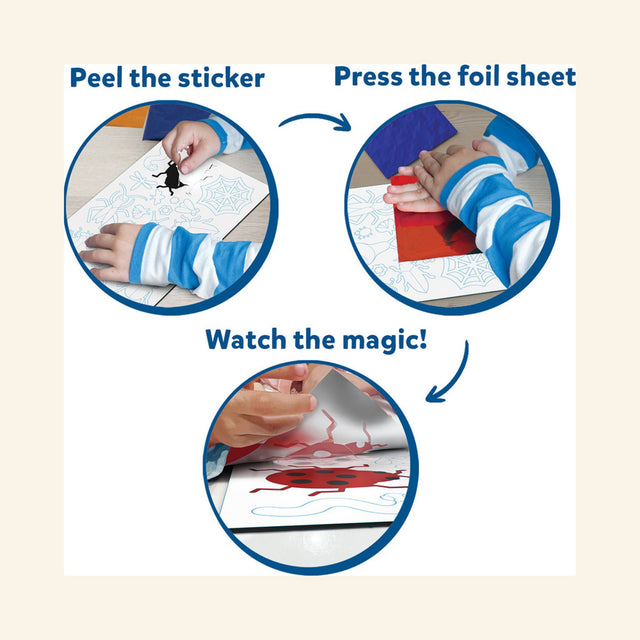 killmatics Foil Fun instruction graphic showing hands peeling a foam sticker, pressing a colorful foil sheet on top, and lifting it away to reveal a shiny design.