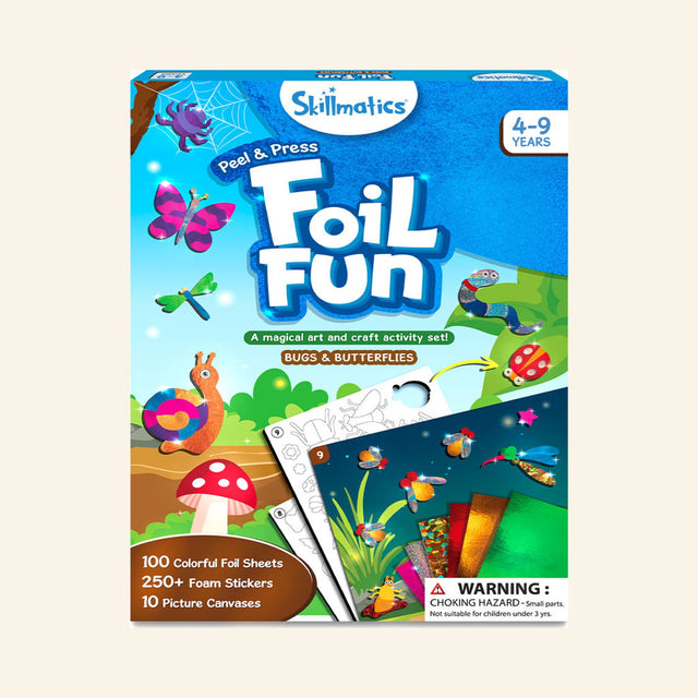 Skillmatics Foil Fun – Bugs & Butterflies retail box showing colorful insect artwork, foil sheets, foam stickers, 10 picture canvases, and the peel-and-press craft activity.