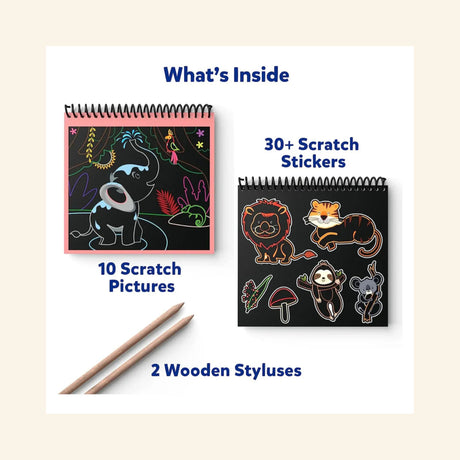 Skillmatics Magical Scratch Art – Animals contents graphic showing 10 scratch pictures, 30+ scratch stickers with animal designs, and 2 wooden styluses included in the set.