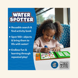 Child using the Skillmatics Water Spotter: Around The House water pen at a table, with text explaining the reusable search-and-find book, 100-plus hidden objects, and mess-free repeated play.