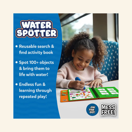 Child using the Skillmatics Water Spotter: Around The House water pen at a table, with text explaining the reusable search-and-find book, 100-plus hidden objects, and mess-free repeated play.
