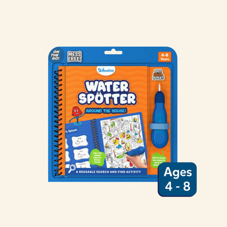 Skillmatics Water Spotter: Around The House activity book in retail packaging with a blue water pen, spiral-bound search-and-find book, mess-free callouts, and age 4–8 label.