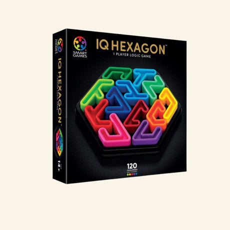 SmartGames IQ Deluxe: Hexagon retail box showing the black premium packaging, colorful hexagon puzzle board, 120 challenge count, and single-player logic game branding.