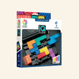 SmartGames IQ Flow retail box showing the colorful flow puzzle pieces arranged on a black game board, with 120 challenges and ages 7 to adult guidance.