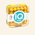 SmartGames IQ Mini shown in yellow retail packaging with compact puzzle case, yellow puzzle pieces, IQ Mini logo, and age 6+ guidance.