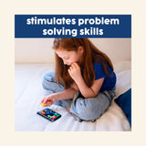 Child sitting on a bed solving the SmartGames IQ Quub puzzle in its compact case, with text highlighting problem-solving skills.