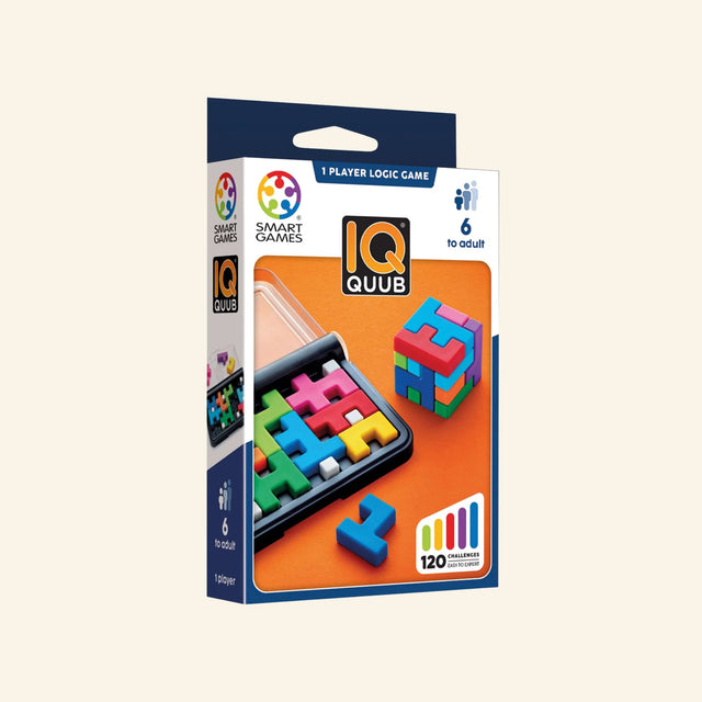 SmartGames IQ Quub retail box showing the compact puzzle case, colorful 3D puzzle pieces, 120 challenges, and 1-player logic game details for ages 6 and up.