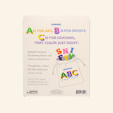 Back of the Snifty ABC Crayons packaging showing colorful alphabet text, product description, illustration of the printed storage pouch, warning label, and barcode.