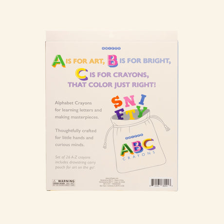 Back of the Snifty ABC Crayons packaging showing colorful alphabet text, product description, illustration of the printed storage pouch, warning label, and barcode.