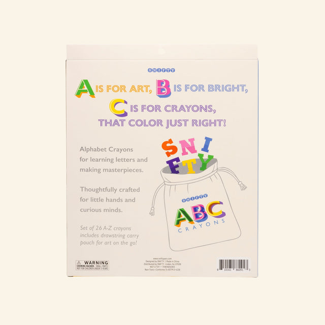 Back of the Snifty ABC Crayons packaging showing colorful alphabet text, product description, illustration of the printed storage pouch, warning label, and barcode.