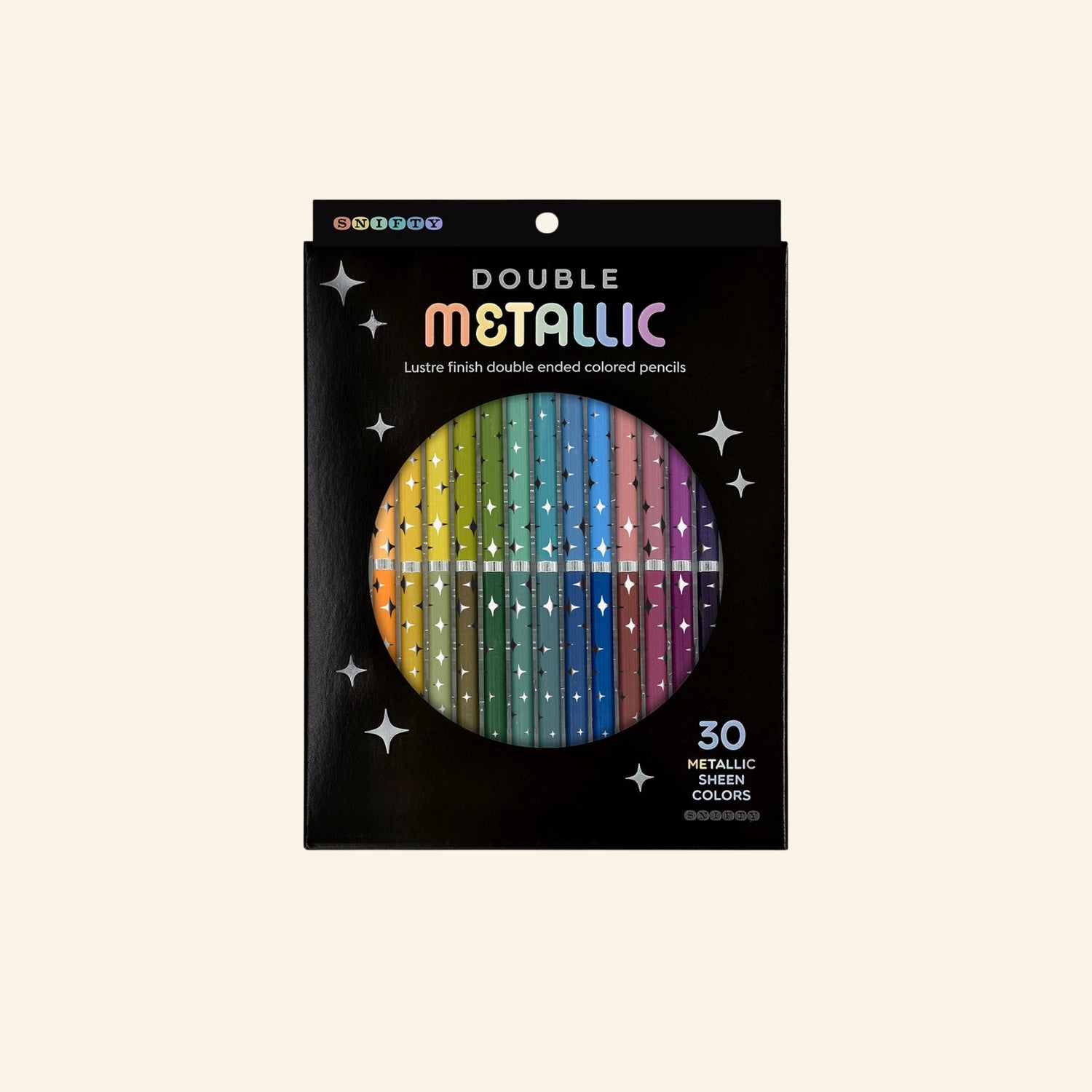 Snifty Double Metallic colored pencil set in black retail packaging, showing 30 metallic colors arranged in a rainbow inside a circular window with star graphics.