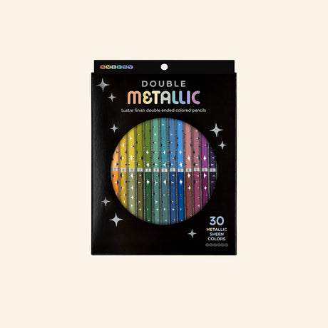 Snifty Double Metallic colored pencil set in black retail packaging, showing 30 metallic colors arranged in a rainbow inside a circular window with star graphics.