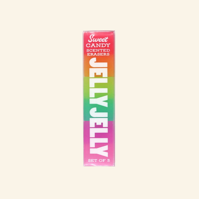 Snifty Jelly Jelly Scented Erasers set shown in clear vertical packaging with three stacked colorful erasers and white text reading “Sweet Candy Scented Erasers” and “Set of 3.”