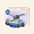 Spin Master HEX BOTS Skitter Bot Spider shown in retail packaging with a purple, black, and green robot spider inside a clear blister package, HEX BOTS logo, Skitter Bot label, and age 4+ guidance.