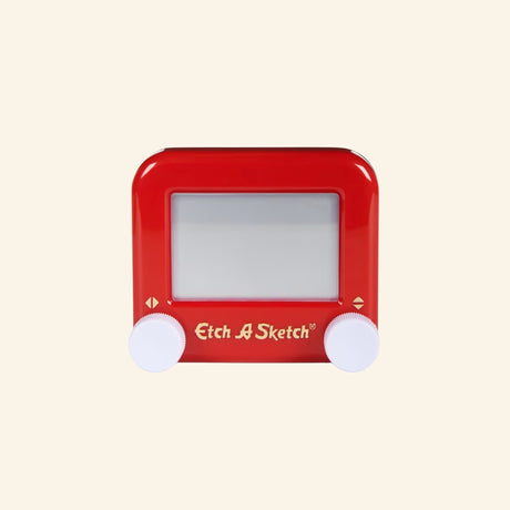 Spin Master Pocket Etch A Sketch shown unboxed with a red frame, gray magic drawing screen, two white control knobs, and the Etch A Sketch logo below the screen.