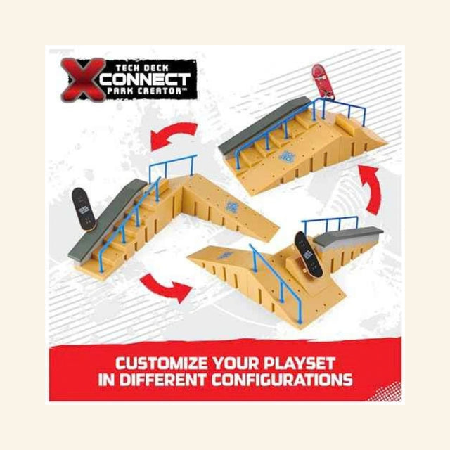 Spin Master Tech Deck Jump N’ Grind X-Connect Playset configuration graphic showing the modular ramps, stairs, rails, and ledges arranged in different skatepark layouts.
