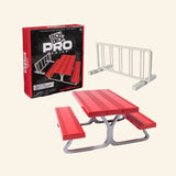 Spin Master Tech Deck Pro Series Daily Grind Pack 2.0 shown with retail box, red picnic table fingerboard obstacle, white bike-rack-style rail, real metal alloy callout, and age 6+ guidance.
