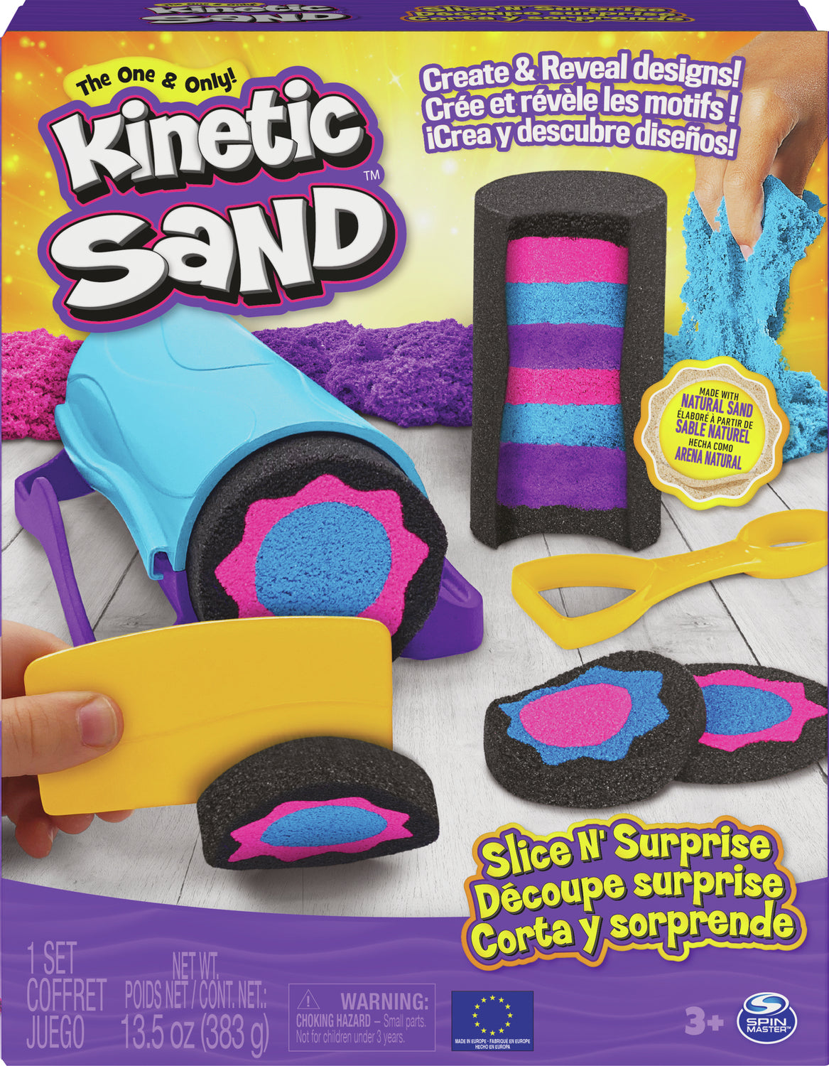 Kinetic Sand Slice N’ Surprise Set with 13.5oz of Black, Pink and Blue Play Sand and 7 Tools, Sensory Toys