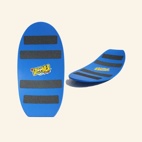 Blue Spooner Freestyle Board shown flat and curved, with black traction strips across the surface and the Spooner logo printed near the center.