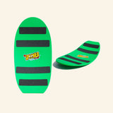 Green Spooner Freestyle Board shown flat and curved, featuring black traction strips, rounded board shape, and the Spooner logo in the center.