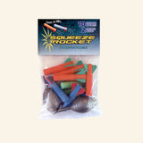 Squeeze Rocket Party Pack in clear bag packaging showing 10 colorful foam rockets with fins, two gray squeeze launch bulbs, and header card noting rockets soar up to 30 feet.
