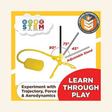 Stomp Rocket Jr. STEM diagram showing the adjustable rocket launch stand at different angles and explaining how kids can experiment with trajectory, force, and aerodynamics.
