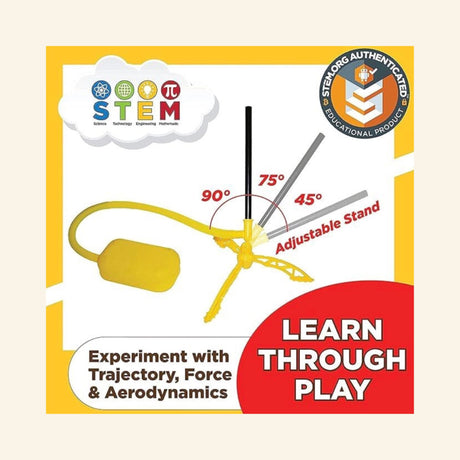 Stomp Rocket Jr. STEM diagram showing the adjustable rocket launch stand at different angles and explaining how kids can experiment with trajectory, force, and aerodynamics.