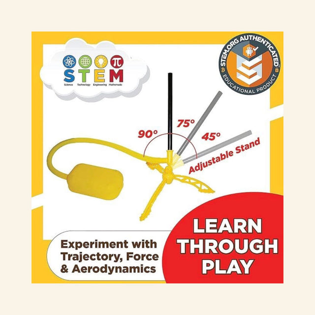 Stomp Rocket Jr. STEM diagram showing the adjustable rocket launch stand at different angles and explaining how kids can experiment with trajectory, force, and aerodynamics.