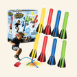 Stomp Rocket Jr. Rainbow Rocket Kit with eight colorful foam rockets in yellow, red, blue, and green, plus the stomp launch pad, air hose, adjustable stand, and retail box.