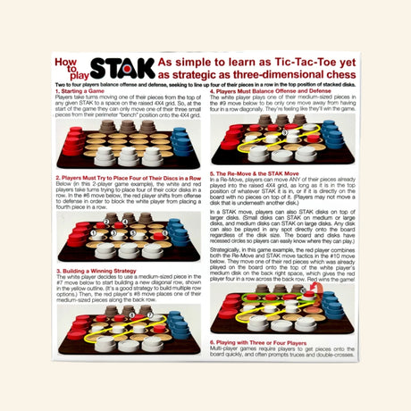 Storyastic STAK Strategy Game instruction graphic showing step-by-step gameplay examples with stacked wooden disks, player moves, and diagrams explaining how to line up four pieces.