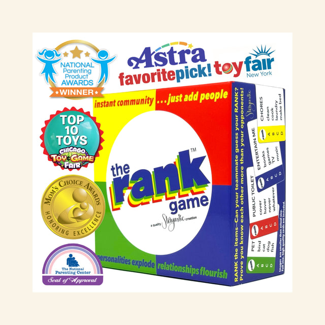 Storyastic The Rank Game – Original award graphic showing the retail box surrounded by award badges from toy, parenting, and game organizations.