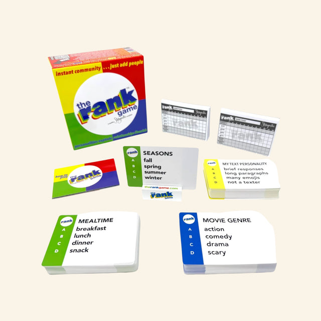 Storyastic The Rank Game – Original contents displayed with the retail box, score sheets, game instructions, colorful topic cards, category decks, and sample ranking cards.
