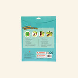 Back of the T-Rex Mask craft kit packaging showing assembly examples, product details, warning information, and teal package design.